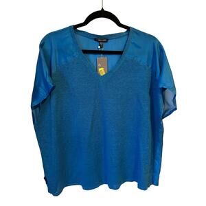 Eileen Fisher Blue Silk Linen Knit Boxy Short Sleeve Shirt Size L